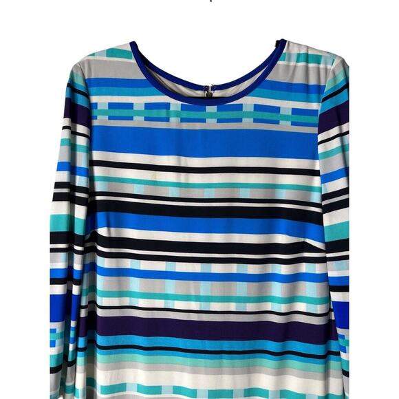 Eliza J Dress Size 14 Blue White Geometric Striped 3/4 Sleeve Knit Casual Shift - Picture 2 of 13